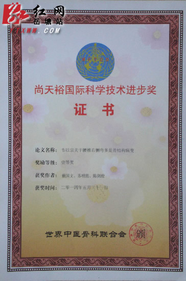 岳塘区中西医结合医院获国际性学术论文一等奖